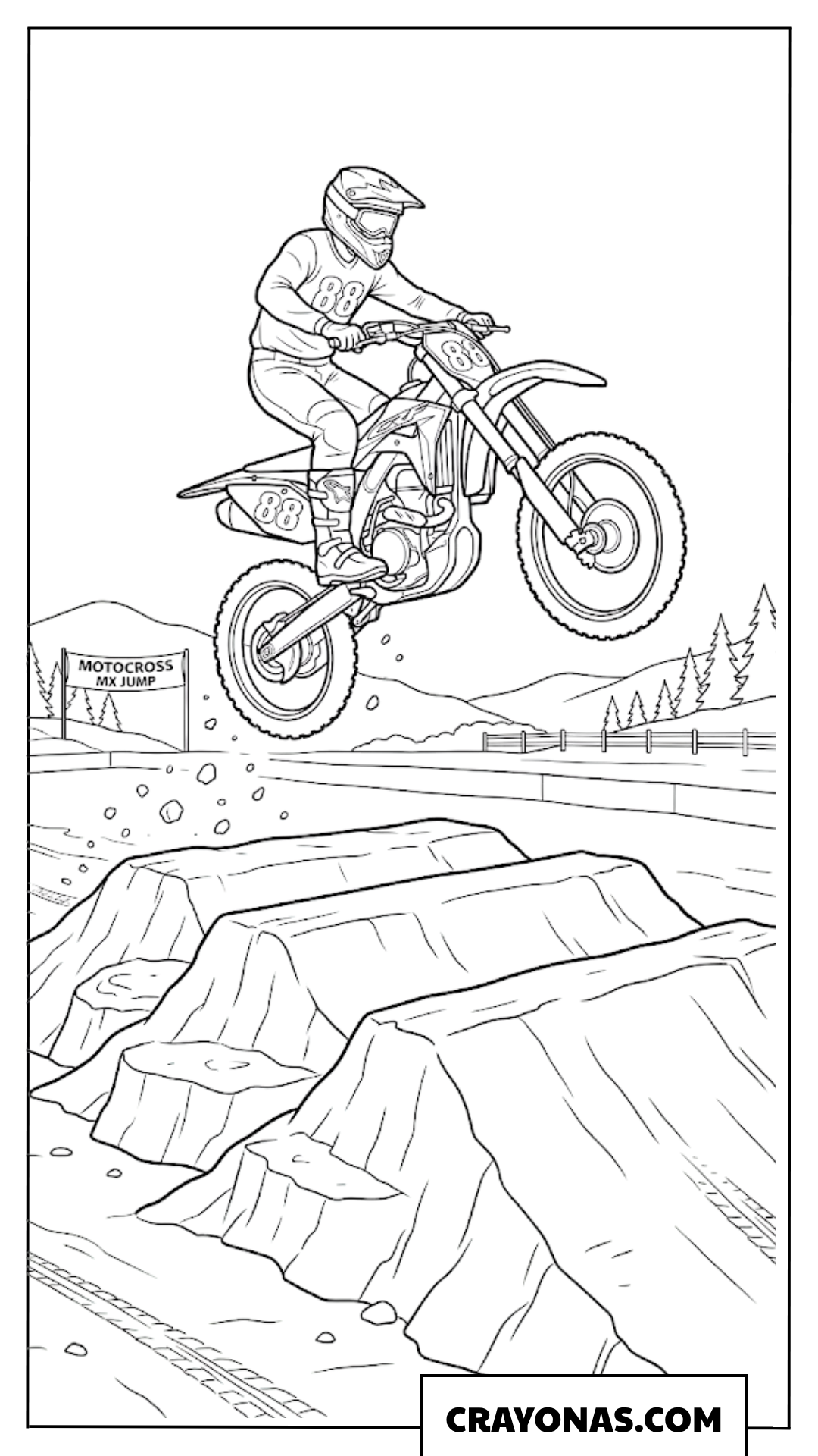 Motocross Rider Jumping Over Hills Coloring Page
