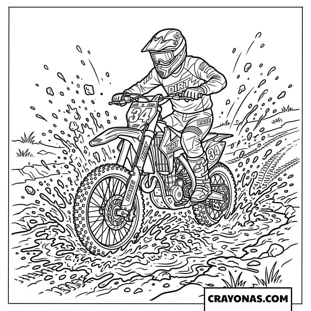 Motocross Rider Splashing Through Mud Puddle Coloring Page