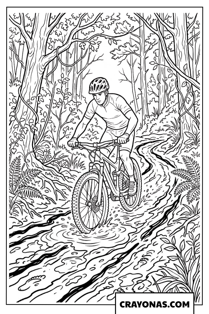 Mountain Bike Trail Riding in Deep Woods Coloring Page