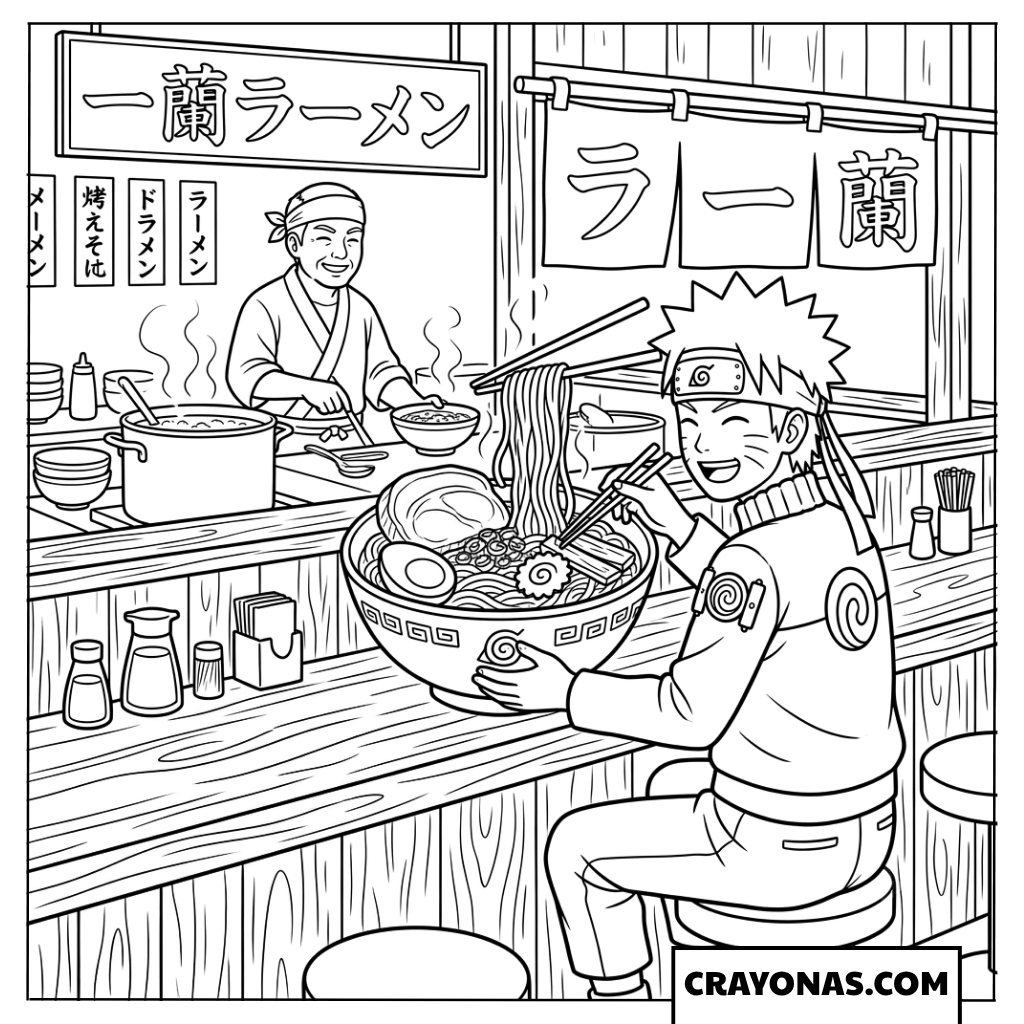 Naruto Eating Noodles at Ichiraku Ramen Shop Coloring Page