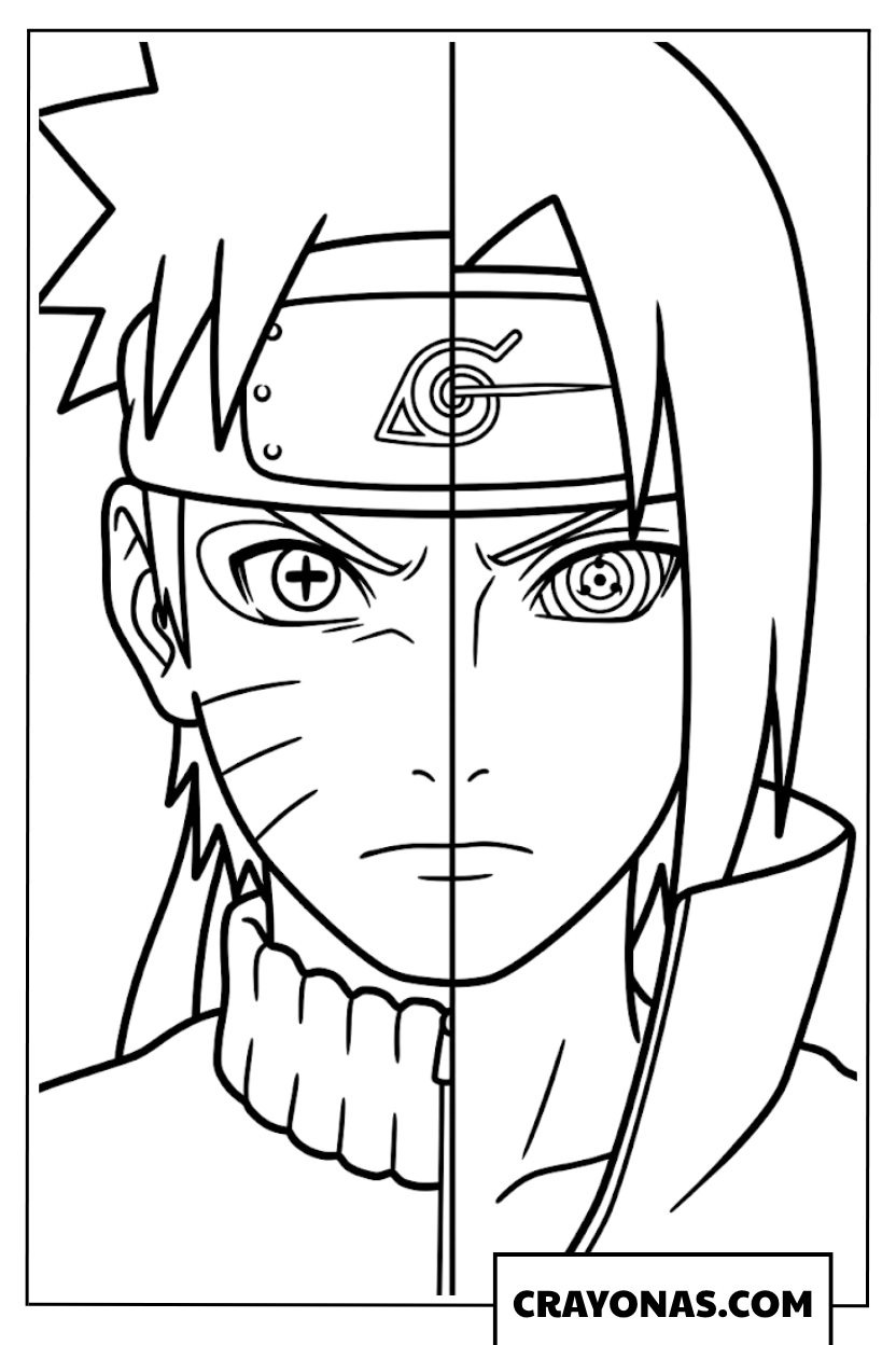 Naruto Sage Mode and Sasuke Sharingan Split Face Coloring Page