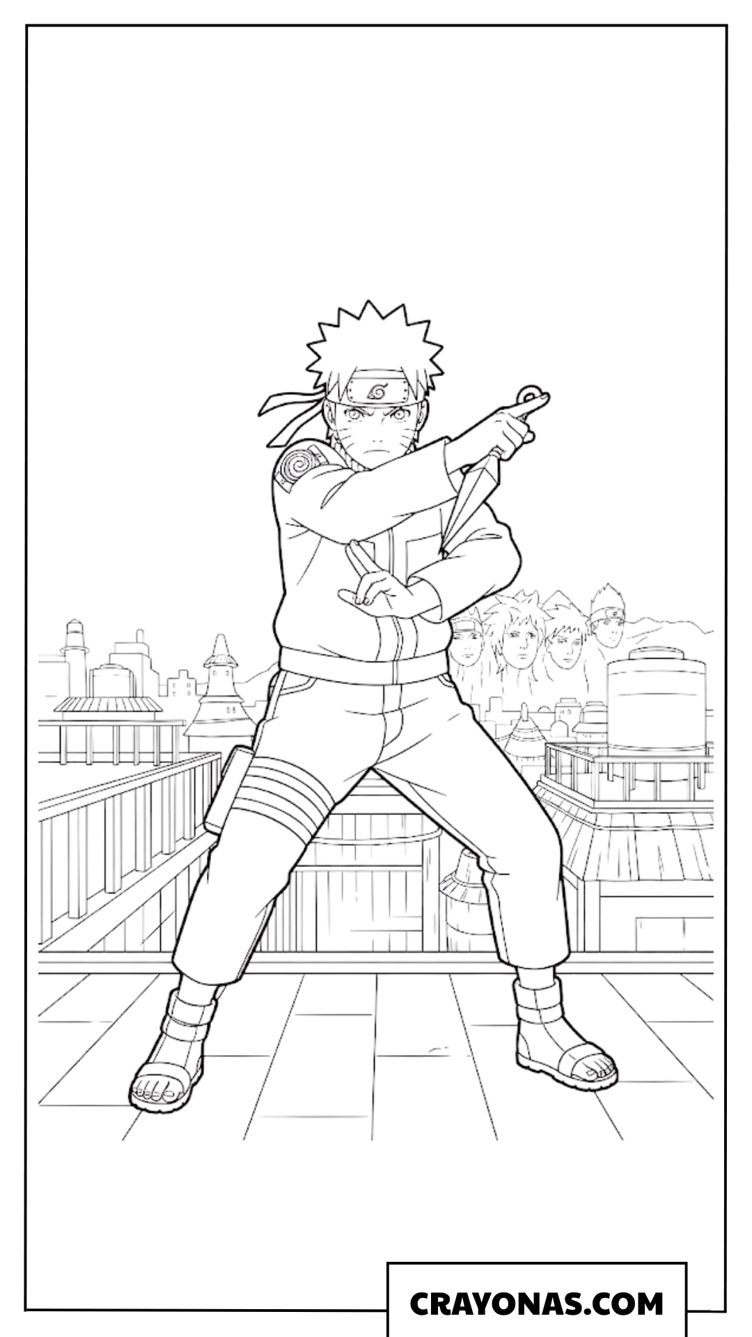 Naruto Uzumaki Holding Kunai Knife on Hidden Leaf Rooftop Coloring Page