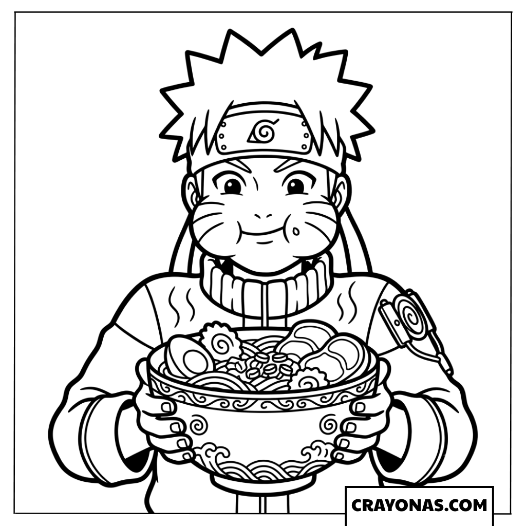 Naruto Uzumaki Holding a Large Bowl of Hot Ramen Coloring Page