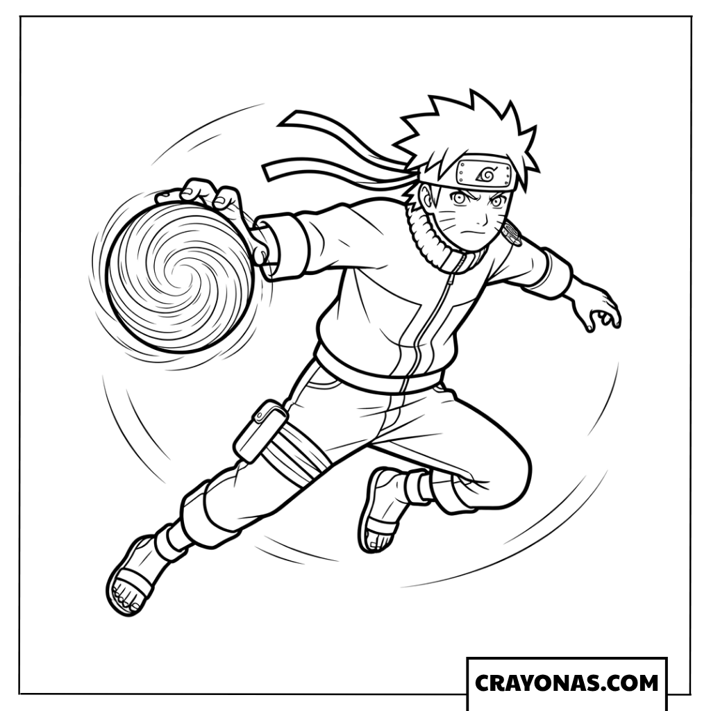 Naruto Uzumaki Leaping and Charging Rasengan Energy Coloring Page
