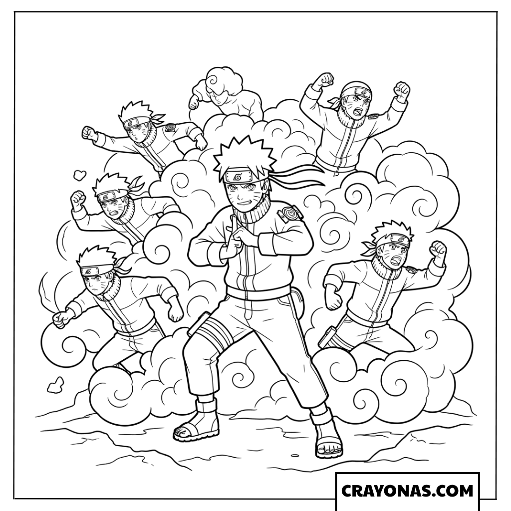 Naruto Uzumaki Performing Multi Shadow Clone Jutsu Coloring Page