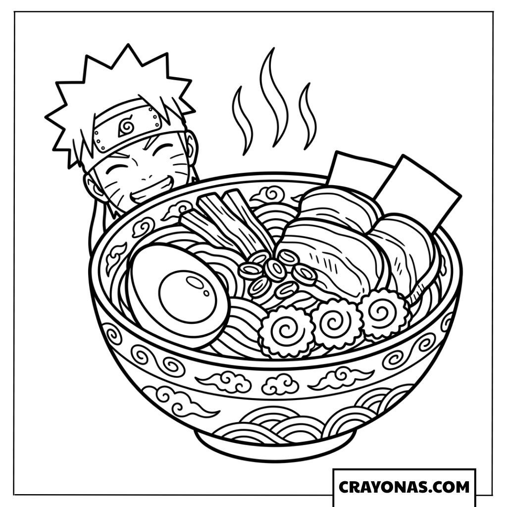 Naruto Uzumaki Smiling Big Behind a Giant Ramen Bowl Coloring Page