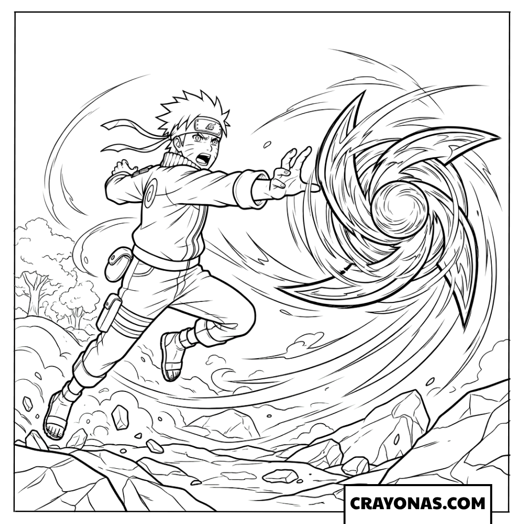 Naruto Uzumaki Throwing Wind Release Rasenshuriken Attack Coloring Page