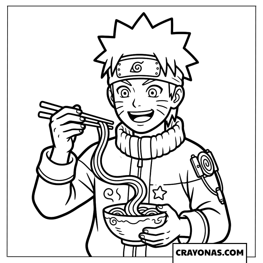 Naruto Uzumaki Using Chopsticks to Eat Tasty Ramen Coloring Page