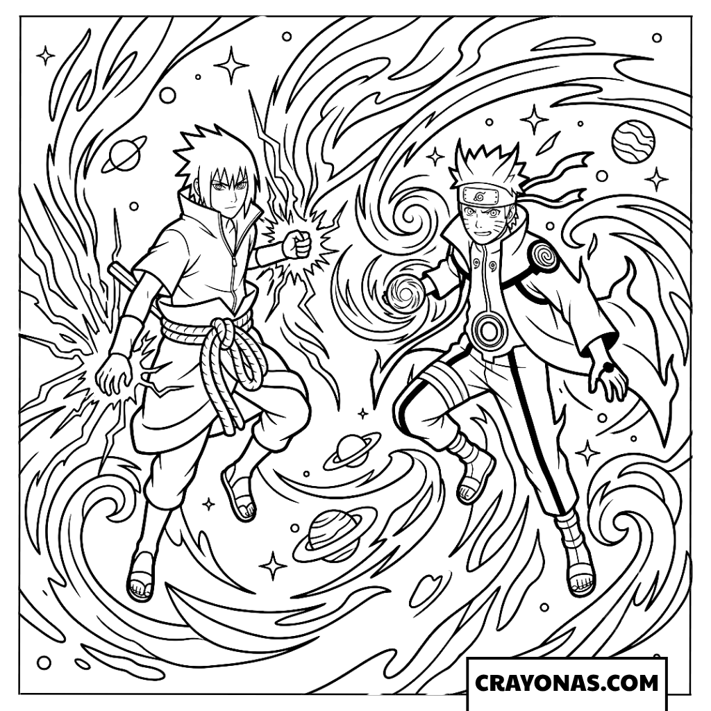 Naruto and Sasuke Cosmic Chakra Clash Coloring Page