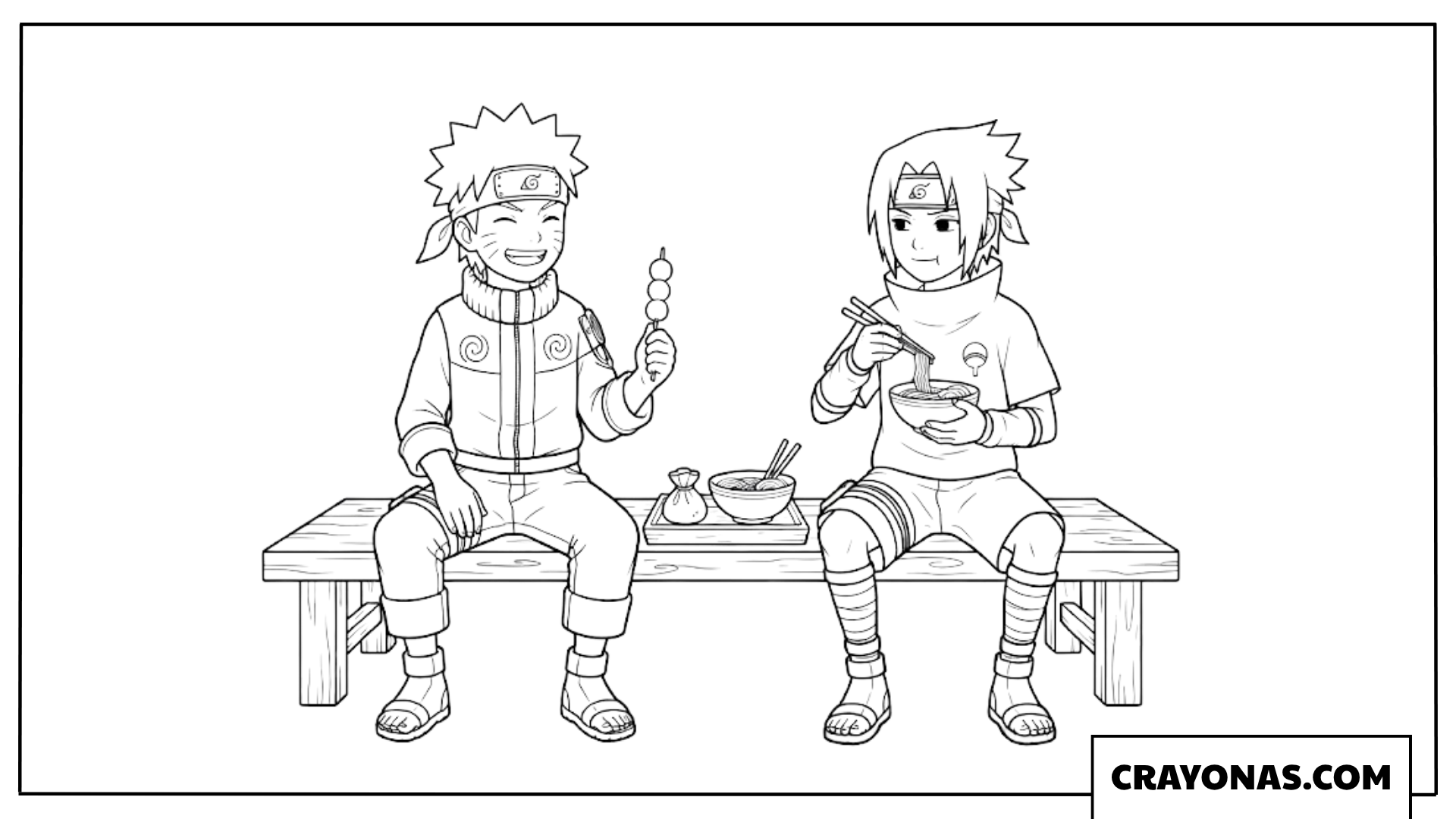 Naruto and Sasuke Eating Snacks Together on Wooden Bench Coloring Page