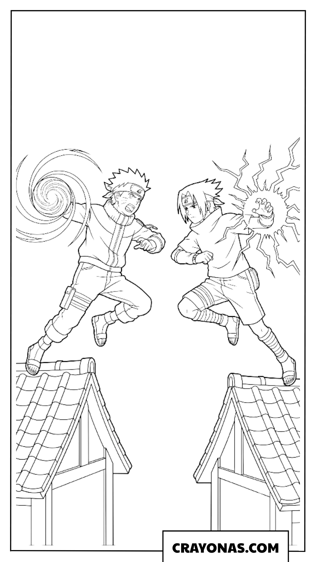 Naruto and Sasuke Rooftop Jutsu Showdown Coloring Page
