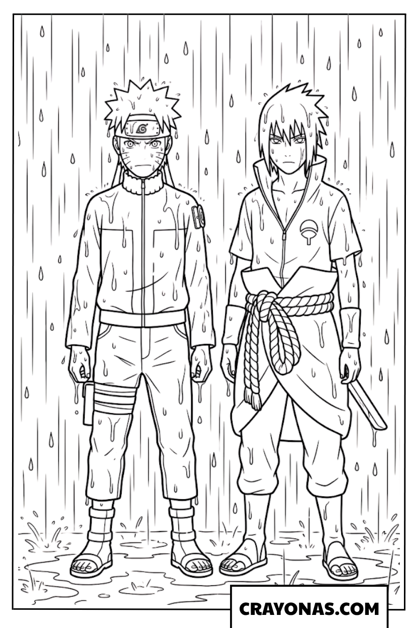 Naruto and Sasuke Standing in the Rain Coloring Page