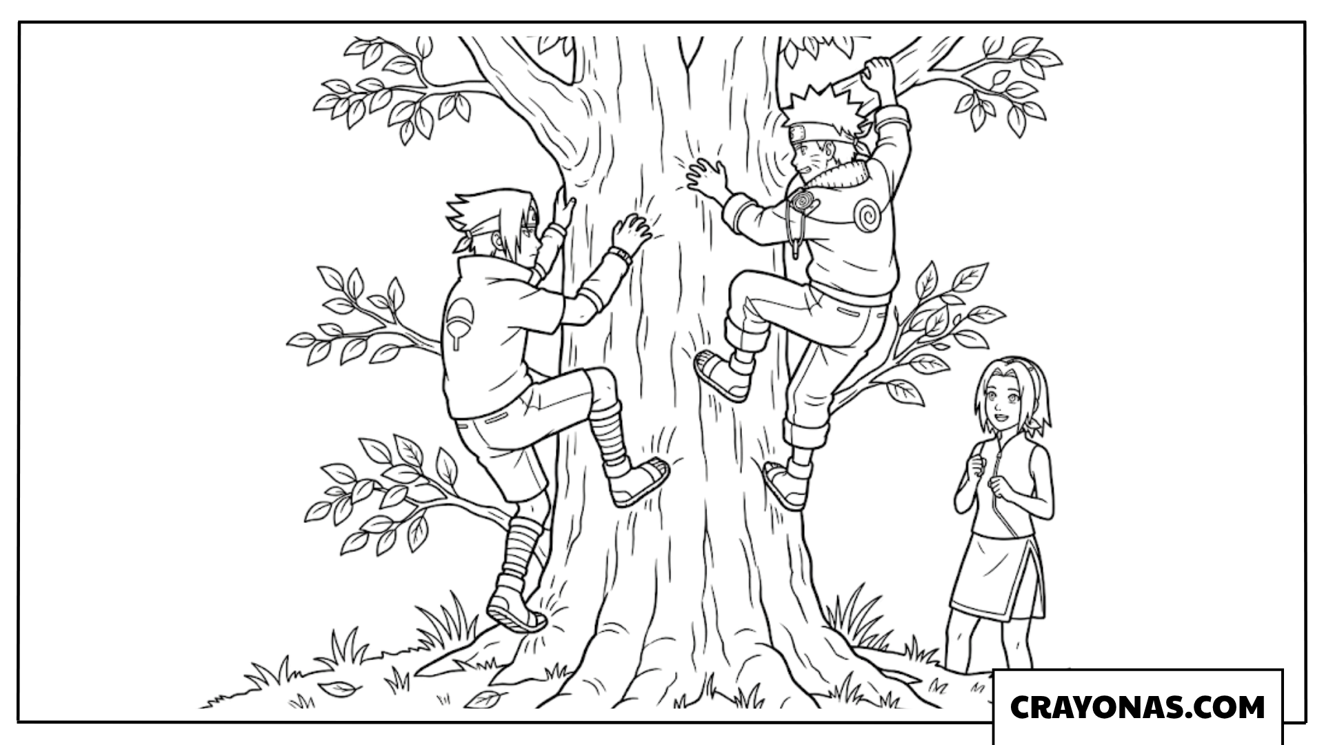 Naruto and Sasuke Tree Climbing Training Coloring Page