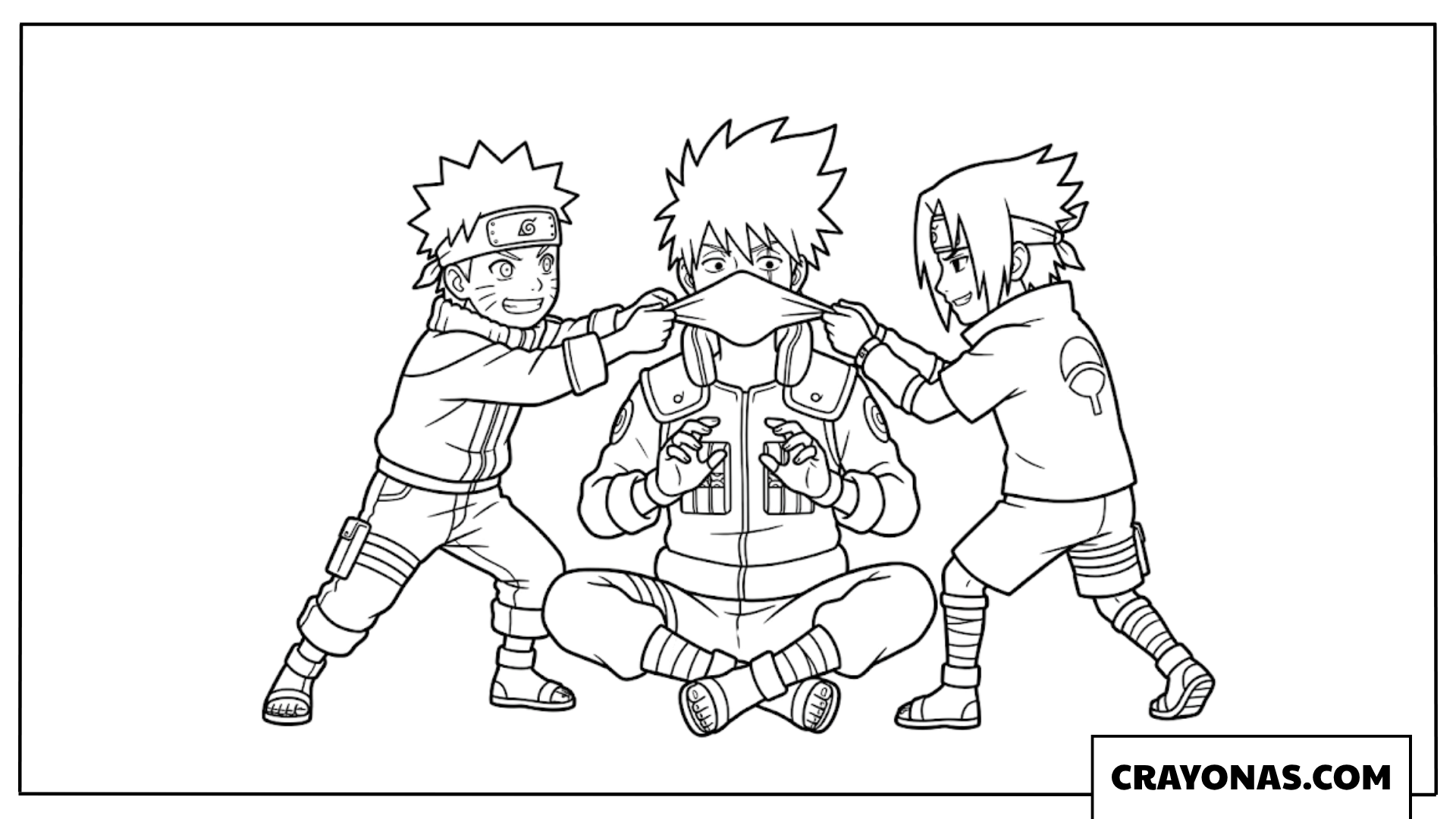 Naruto and Sasuke Unmasking Kakashi Sensei Coloring Page