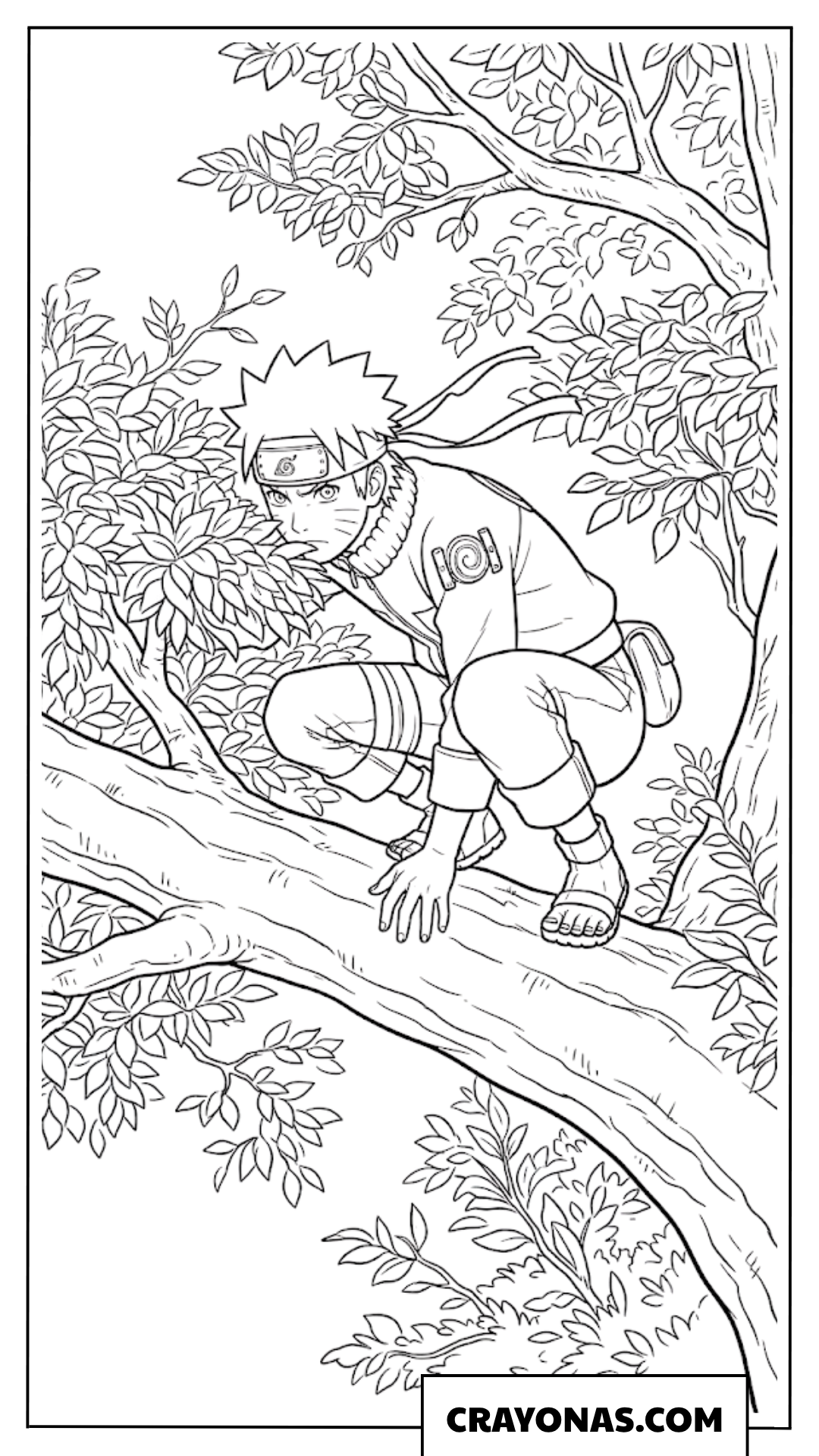 Naruto crouches stealthily on a large tree branch surrounded by detailed forest leaves while scouting ahead on a ninja mission.