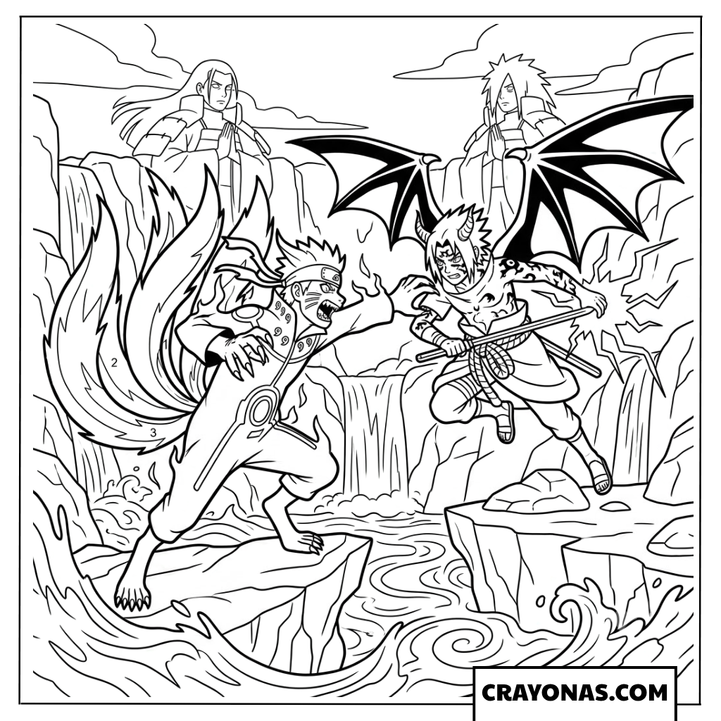 Nine Tails Naruto vs Curse Mark Sasuke Battle Coloring Page