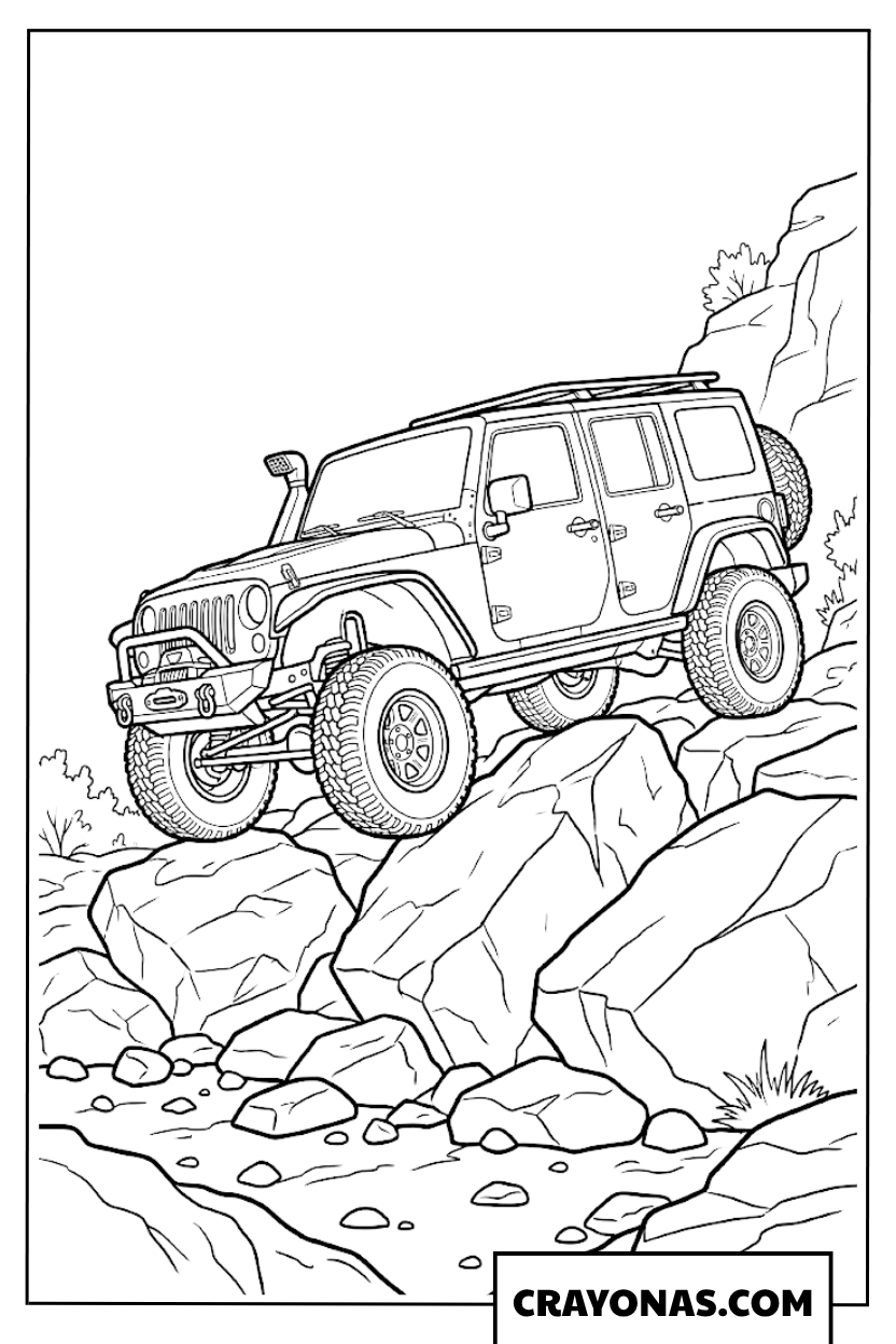 Off-Road 4x4 Jeep Climbing Rocky Mountain Coloring Page