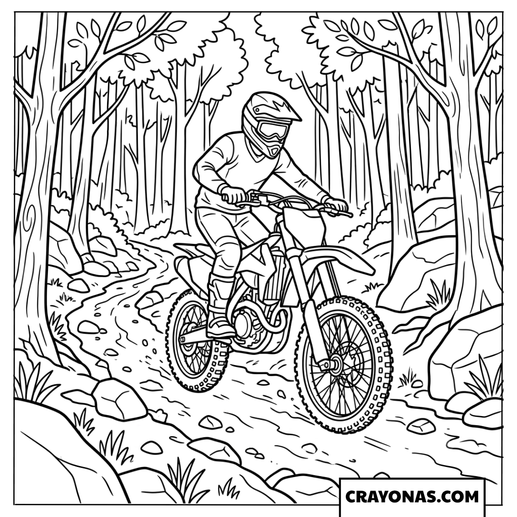 Off Road Dirt Bike Riding Along Forest Trail Coloring Page