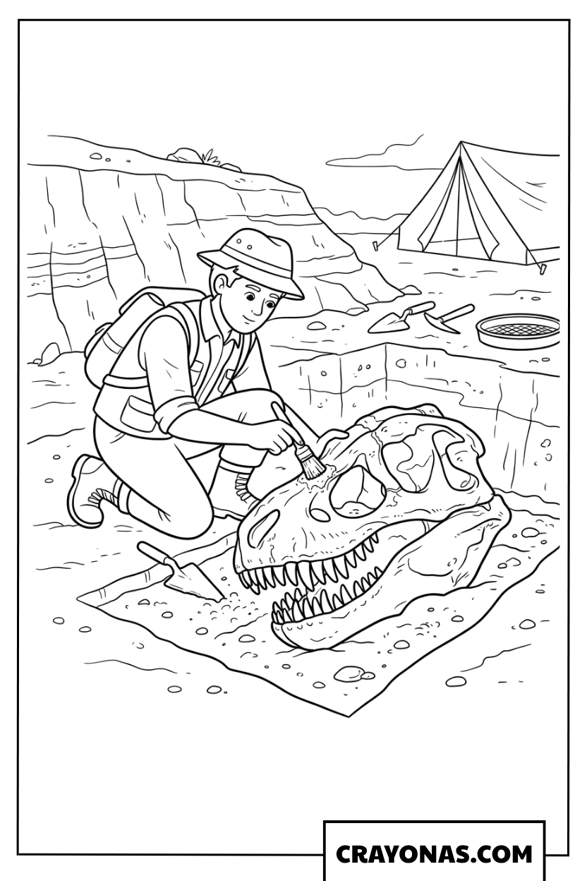 Paleontologist Exhuming Detailed T-Rex Skull Fossil Coloring Page