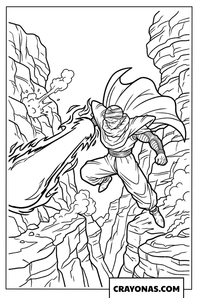 Piccolo Blasting Energy Wave in Rocky Canyon Coloring Page