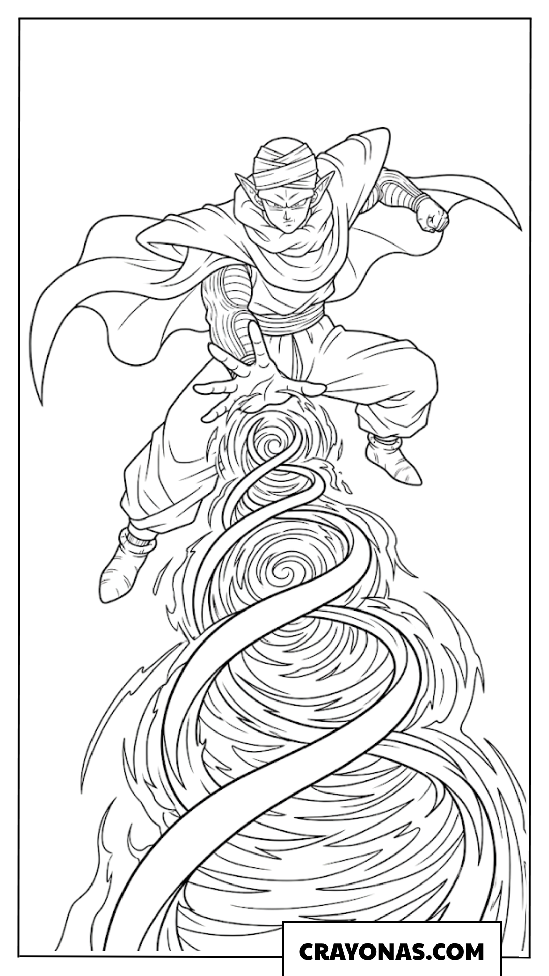 Piccolo Leaping Downwards with Swirling Energy Beam Coloring Page