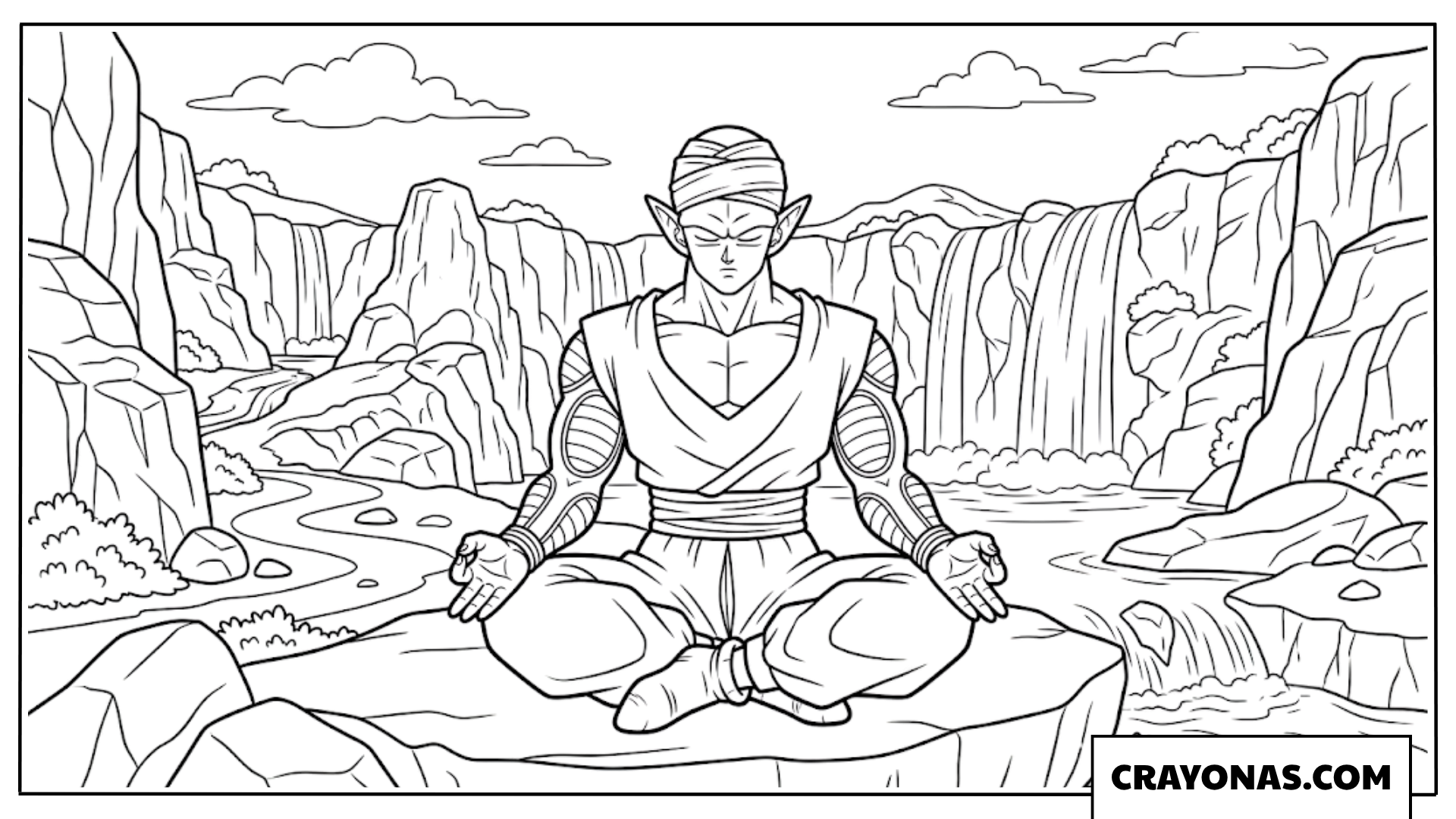 Piccolo Meditating in Rocky Mountains Coloring Page