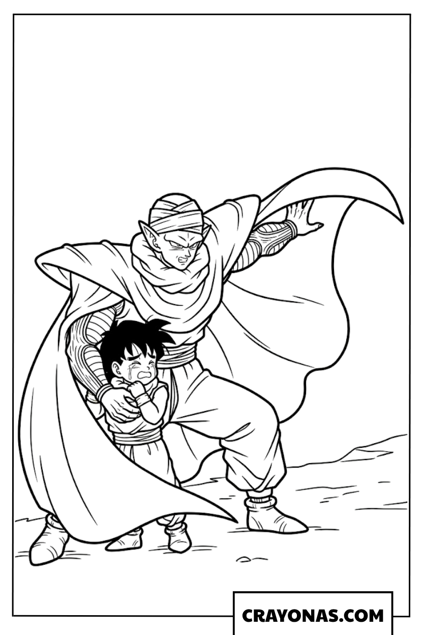 Piccolo Shielding Young Kid Gohan from Danger Coloring Page