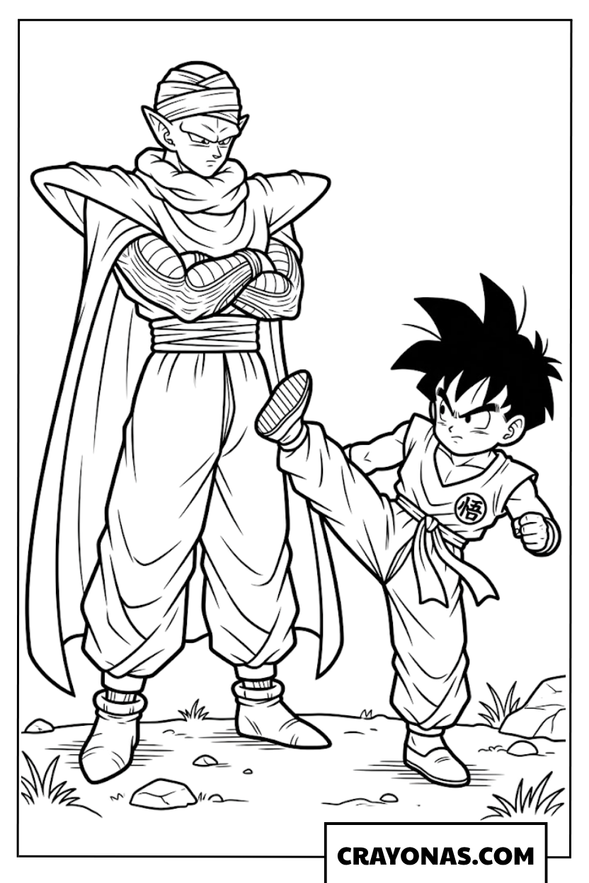 Piccolo Watching Young Gohan Practice High Kick Training Coloring Page