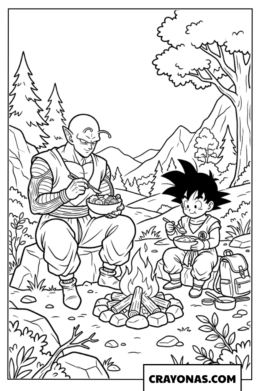 Piccolo and Kid Gohan Eating Food by Campfire Coloring Page