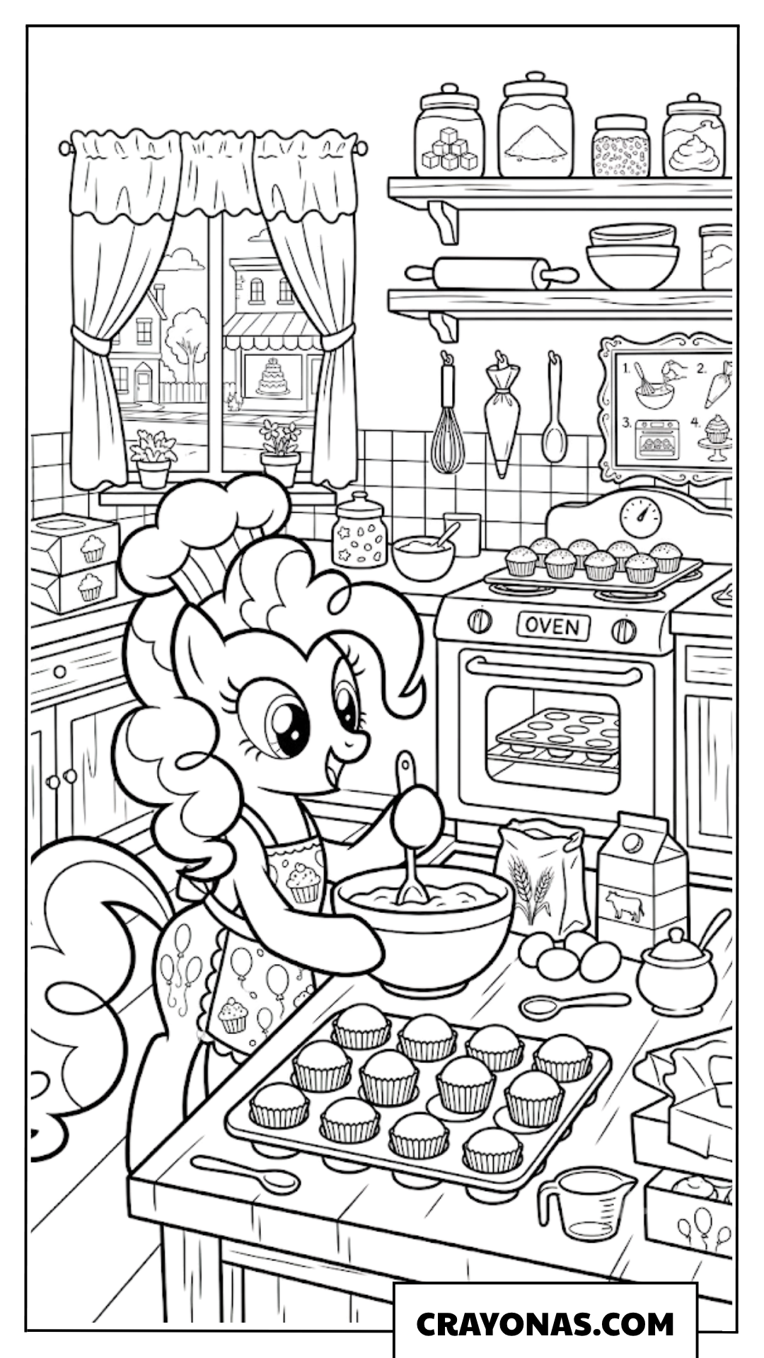 Pinkie Pie Baking Delicious Cupcakes in Kitchen Coloring Page