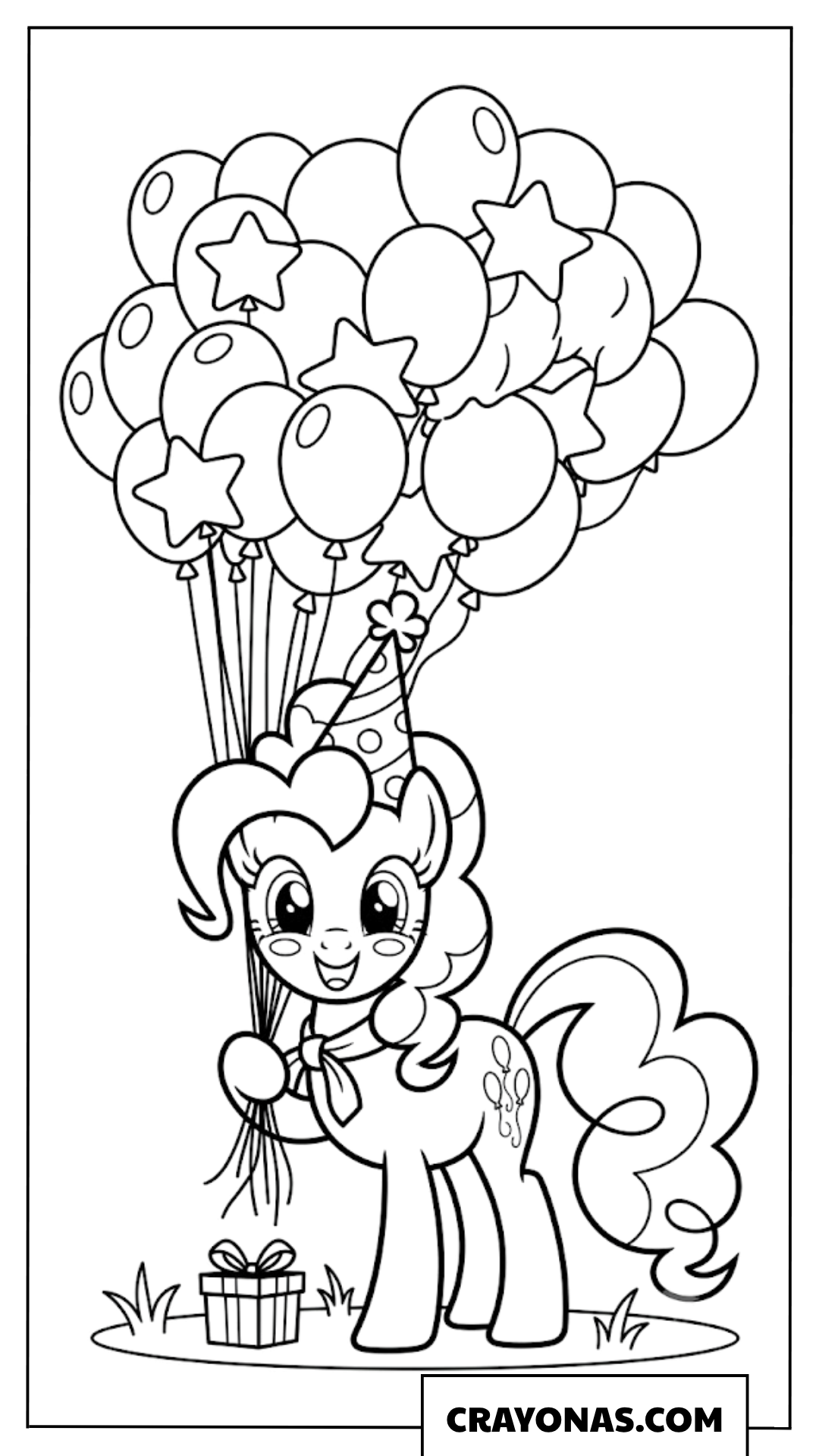 Pinkie Pie Wearing Party Hat Holding Huge Balloon Bunch Coloring Page