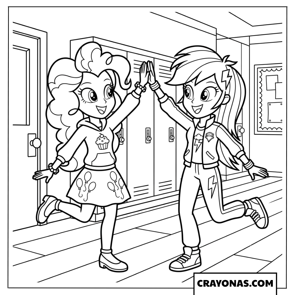 Pinkie Pie and Rainbow Dash High Five in School Locker Hallway Coloring Page