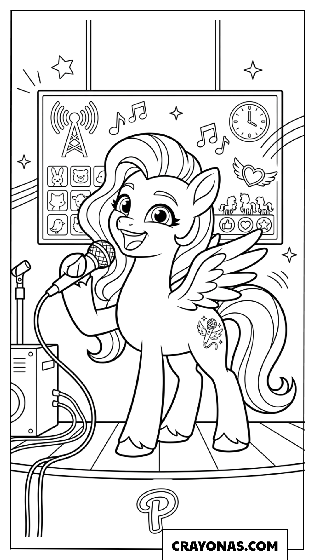 Pipp Petals Singing into Microphone on Radio Stage Coloring Page