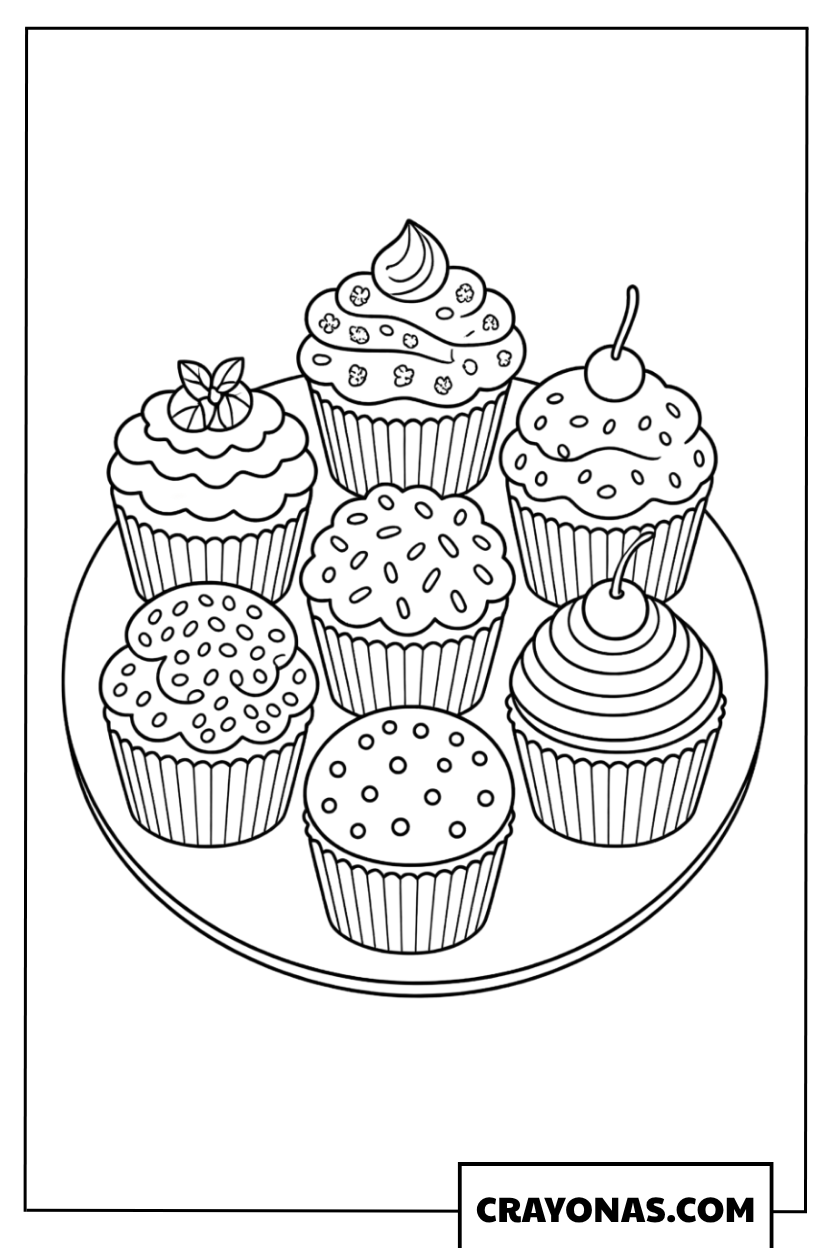 Plate of Birthday Cupcakes Coloring Page