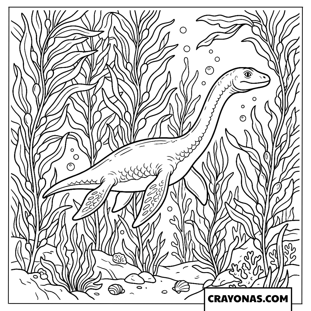 Plesiosaur Swimming Through Detailed Underwater Kelp Forest Coloring Page