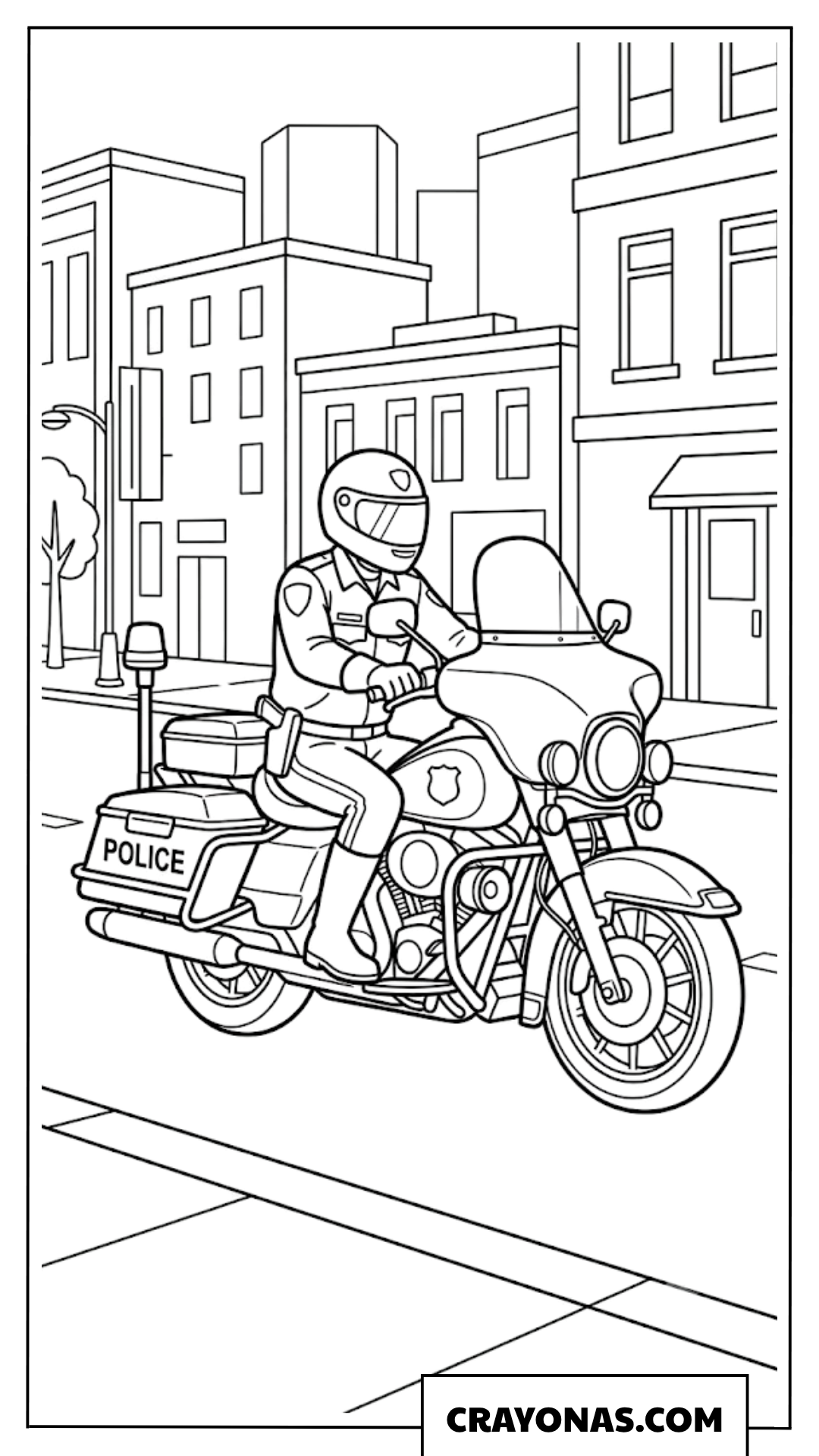 Police Officer Riding Patrol Motorcycle on City Street Coloring Page