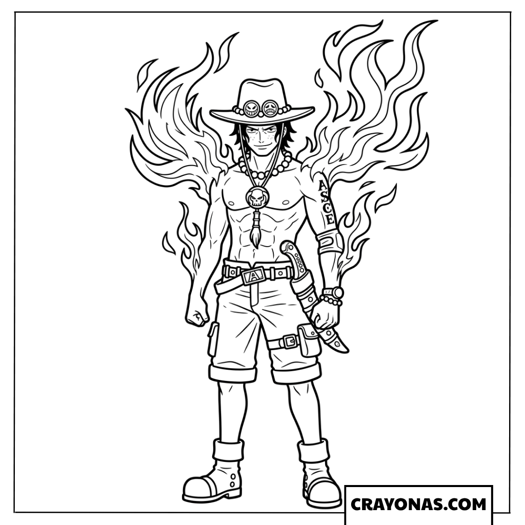 Portgas D Ace Surrounded By Mera Mera No Mi Flames Coloring Page