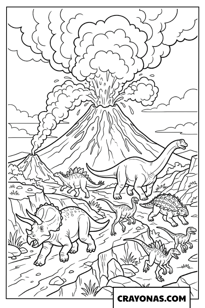 Prehistoric Dinosaurs Fleeing Erupting Volcano Coloring Page