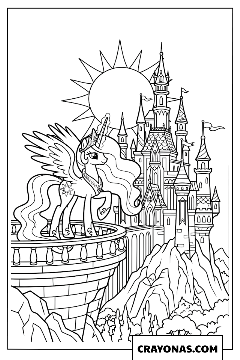 Princess Celestia Standing on Castle Balcony Under Bright Sun Coloring Page