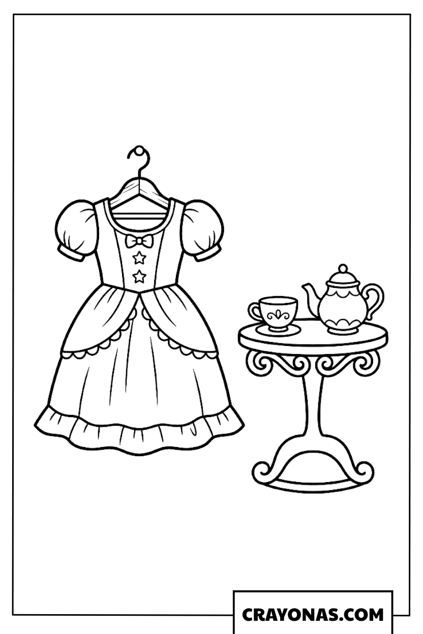Princess Dress with Tea Set Coloring Page