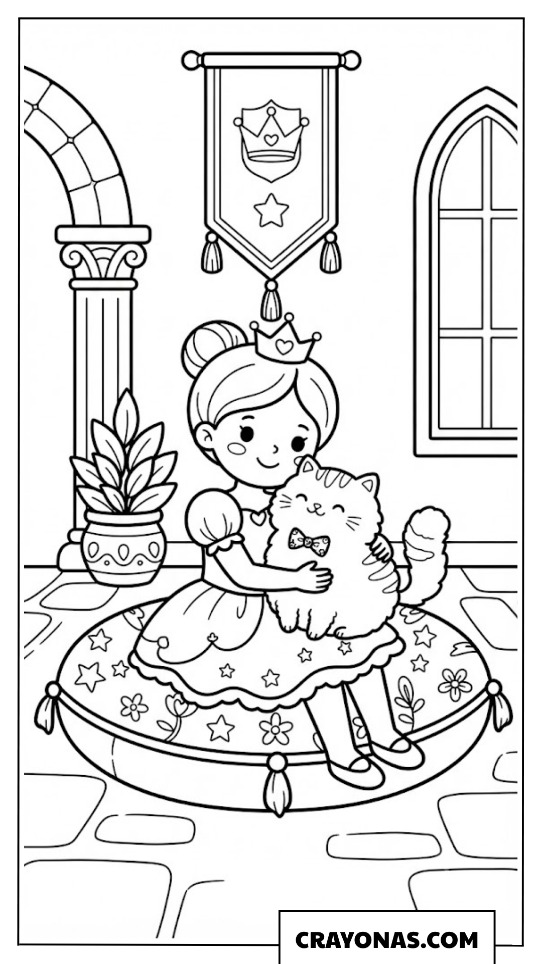 Princess Hugging Cat Coloring Page