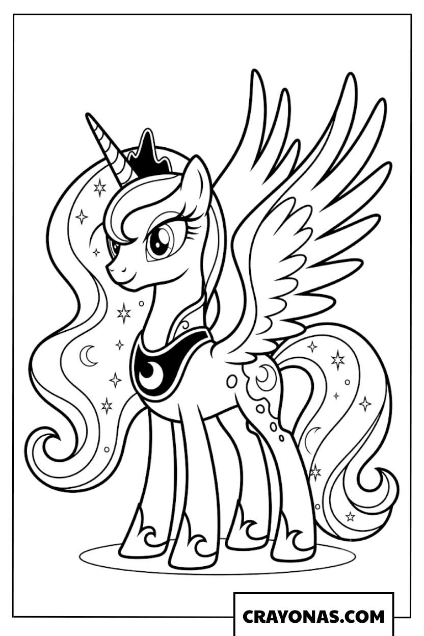 Princess Luna Displaying Majestic Alicorn Wings and Tiara Coloring Page