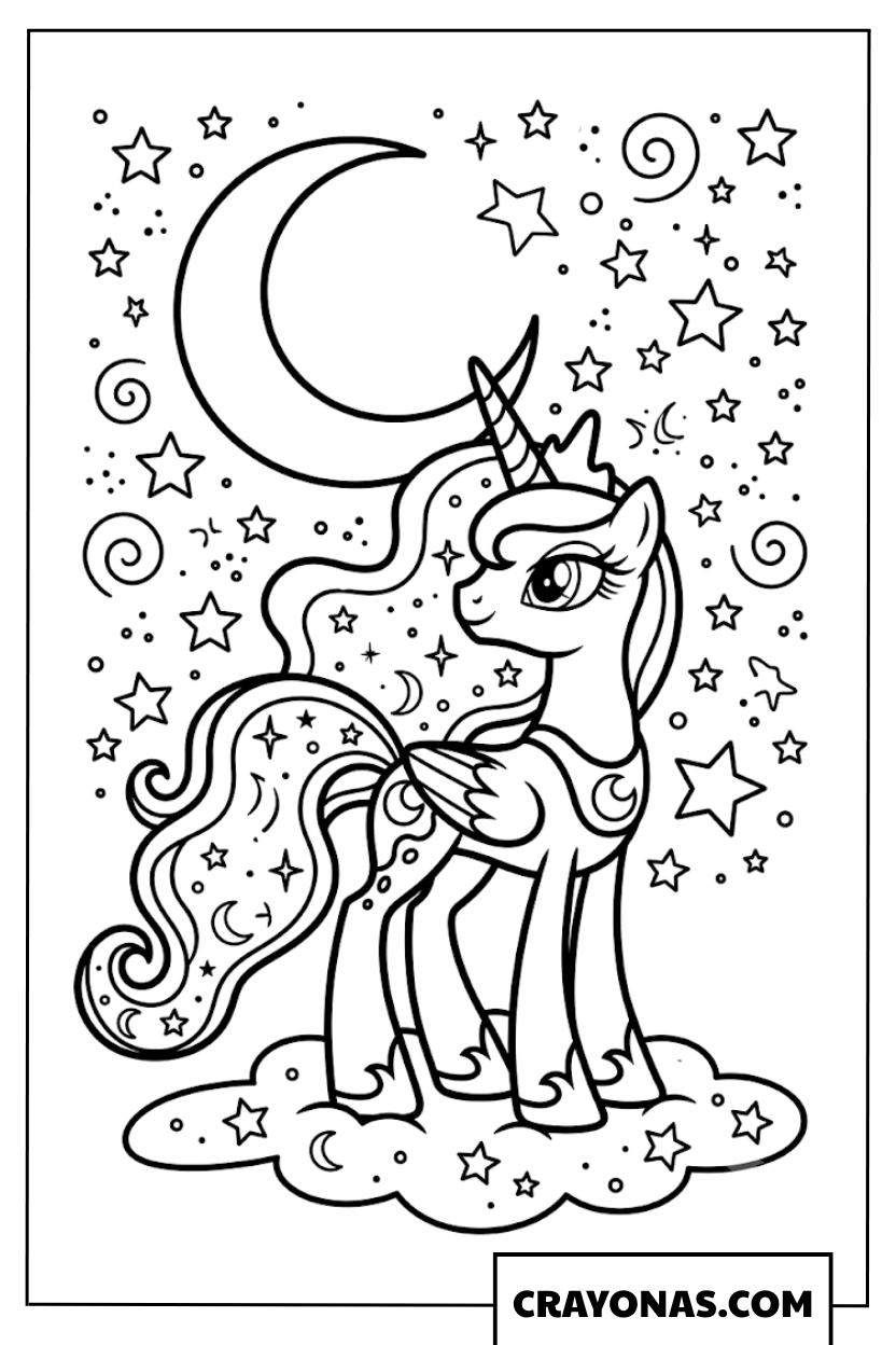 Princess Luna Standing on Fluffy Night Cloud with Crescent Moon Coloring Page
