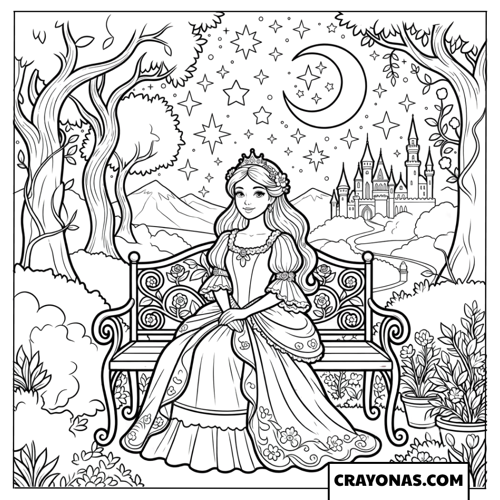 Princess Sitting in Enchanted Garden Coloring Page