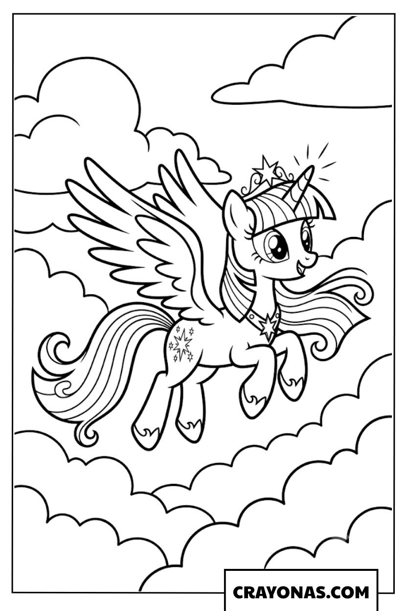 Princess Twilight Sparkle Flying Above Clouds Coloring Page