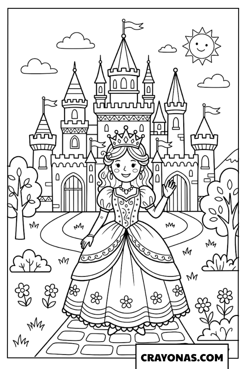 Princess in Front of Castle Coloring Page