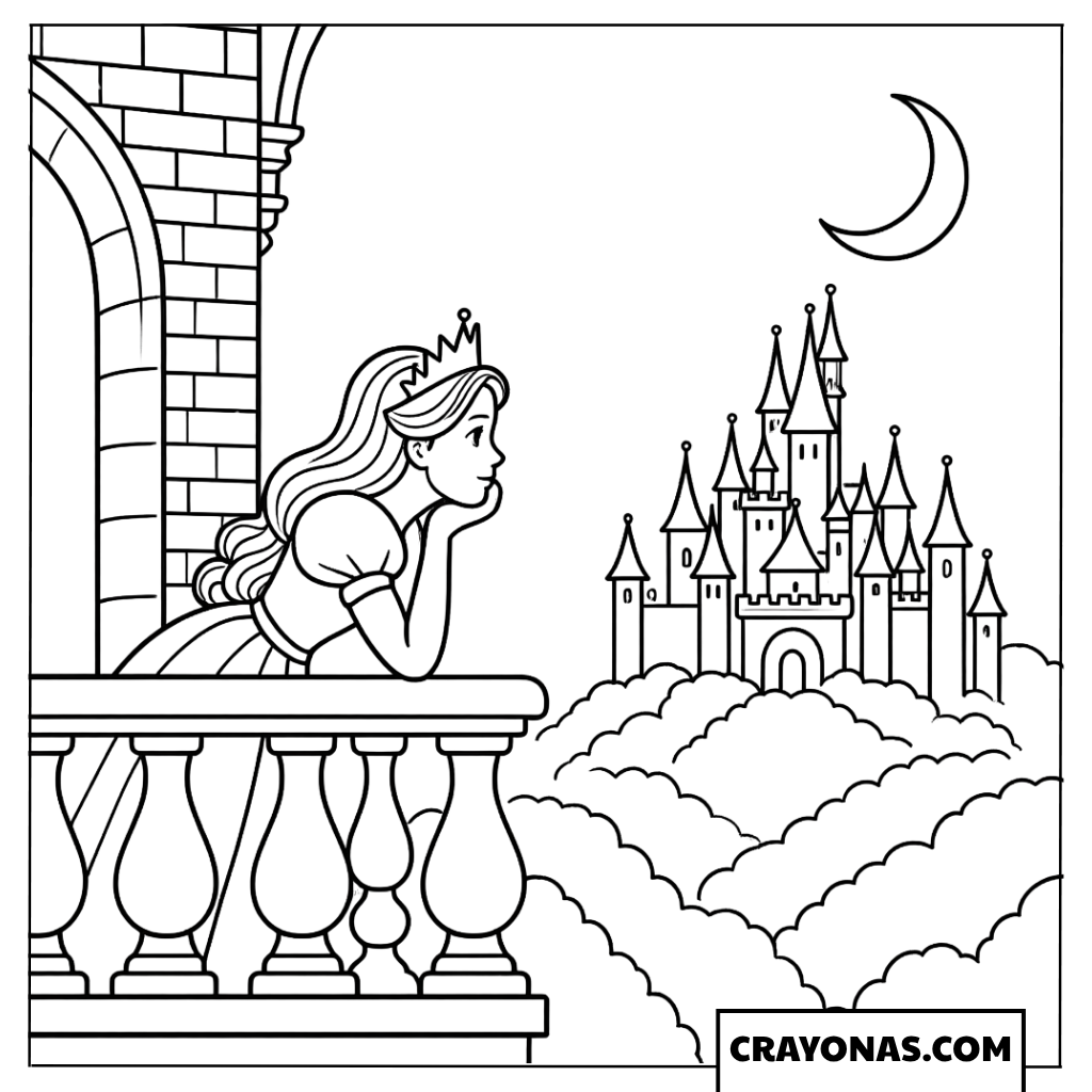Princess on Moonlit Balcony Coloring Page