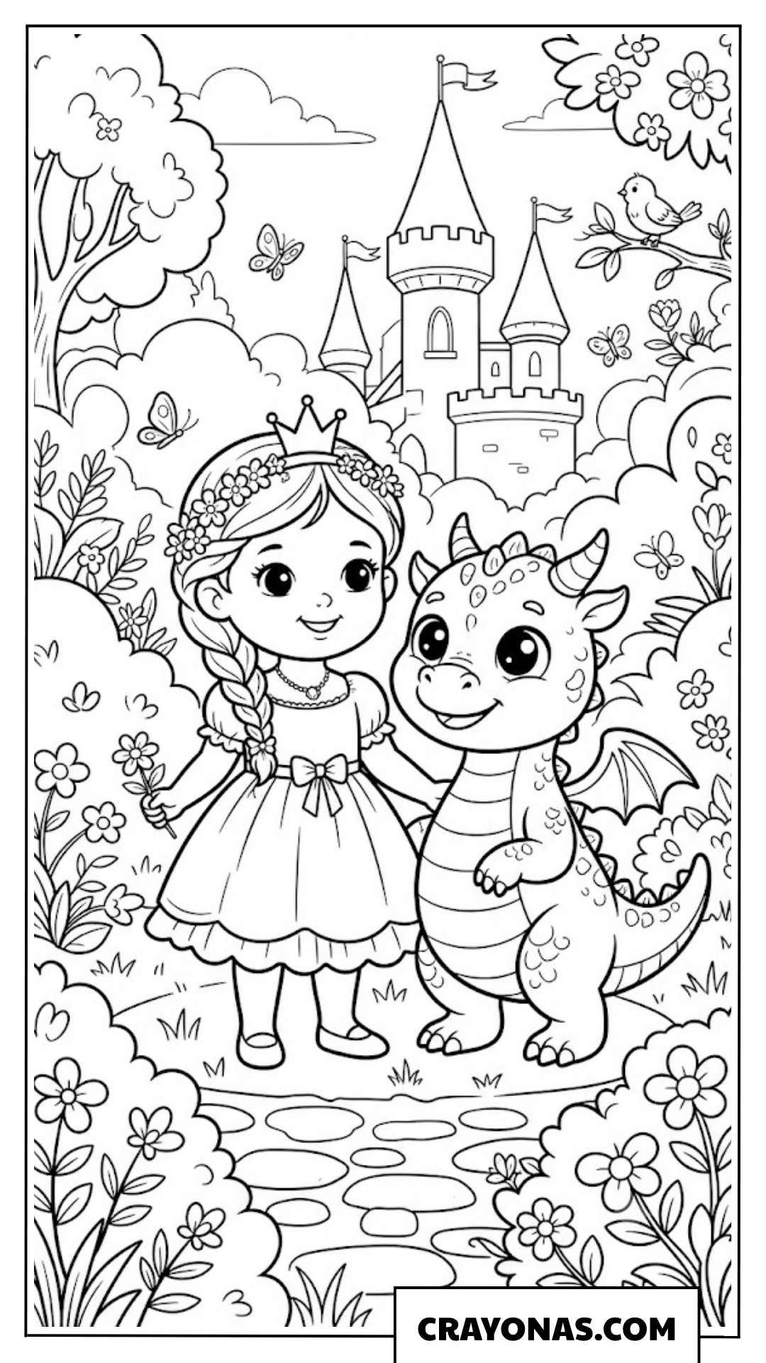 Princess with Friendly Dragon Coloring Page