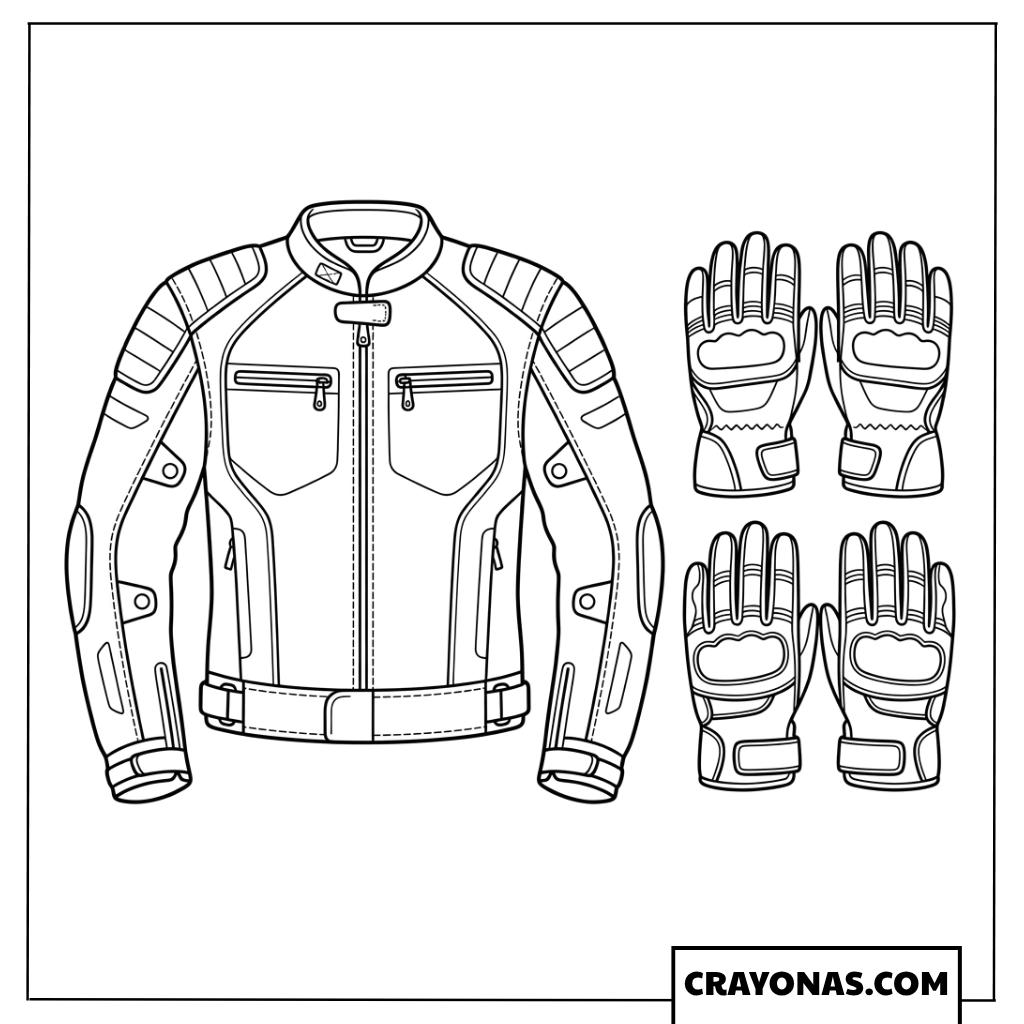Protective Motorcycle Riding Jacket and Gloves Coloring Page