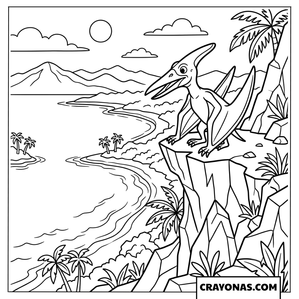 Pteranodon Perched on Ocean Cliff Overlooking Coastal Bay Coloring Page